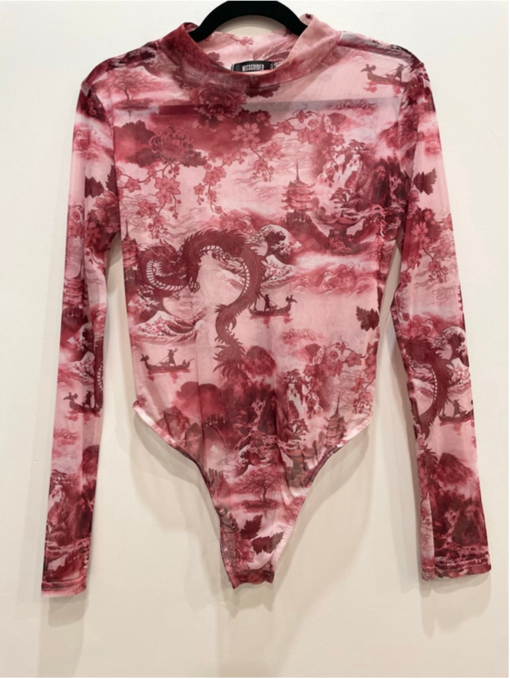 Missguided Pink Dragon Print Tattoo Micro Mesh Sheer Bodysuit M Baddie Y2K Rave
